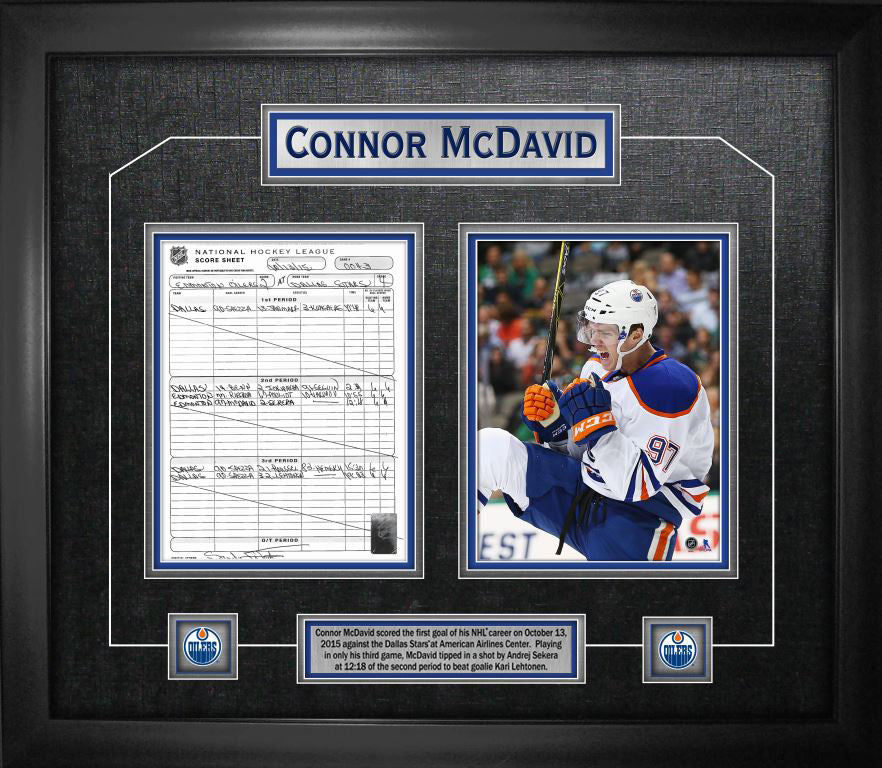 Connor McDavid Edmonton Oilers Framed First Goal Scoresheet Collage