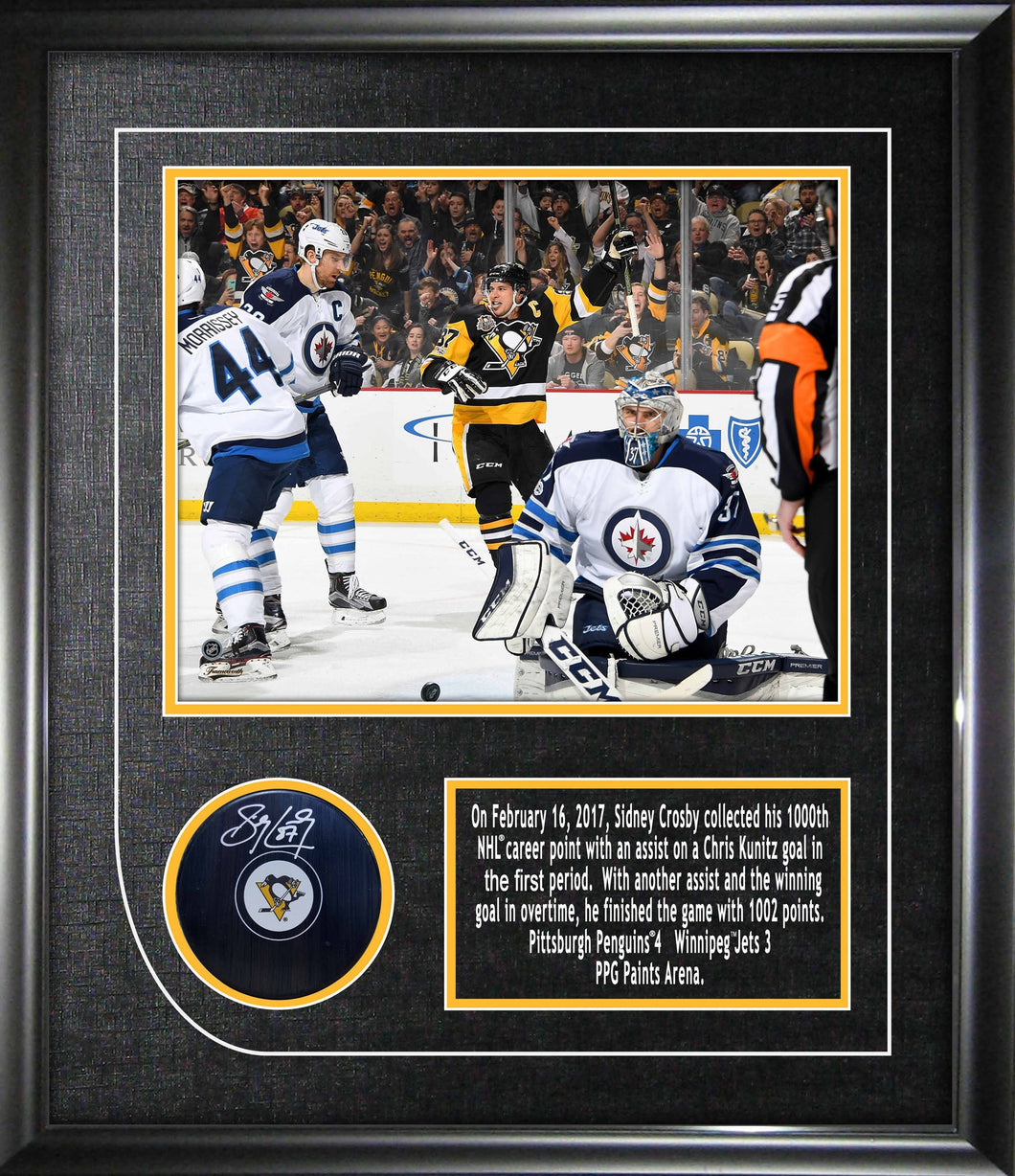 Sidney Crosby Signed Framed Pittsburgh Penguins Puck with 8x10 1000th Point Photo