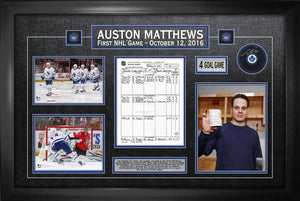 Auston Matthews Toronto Maple Leafs Signed Puck Framed With First Game Scoresheet Collage