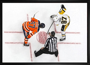 Connor McDavid and Sidney Crosby Framed 20x29 Overhead Face-off Canvas