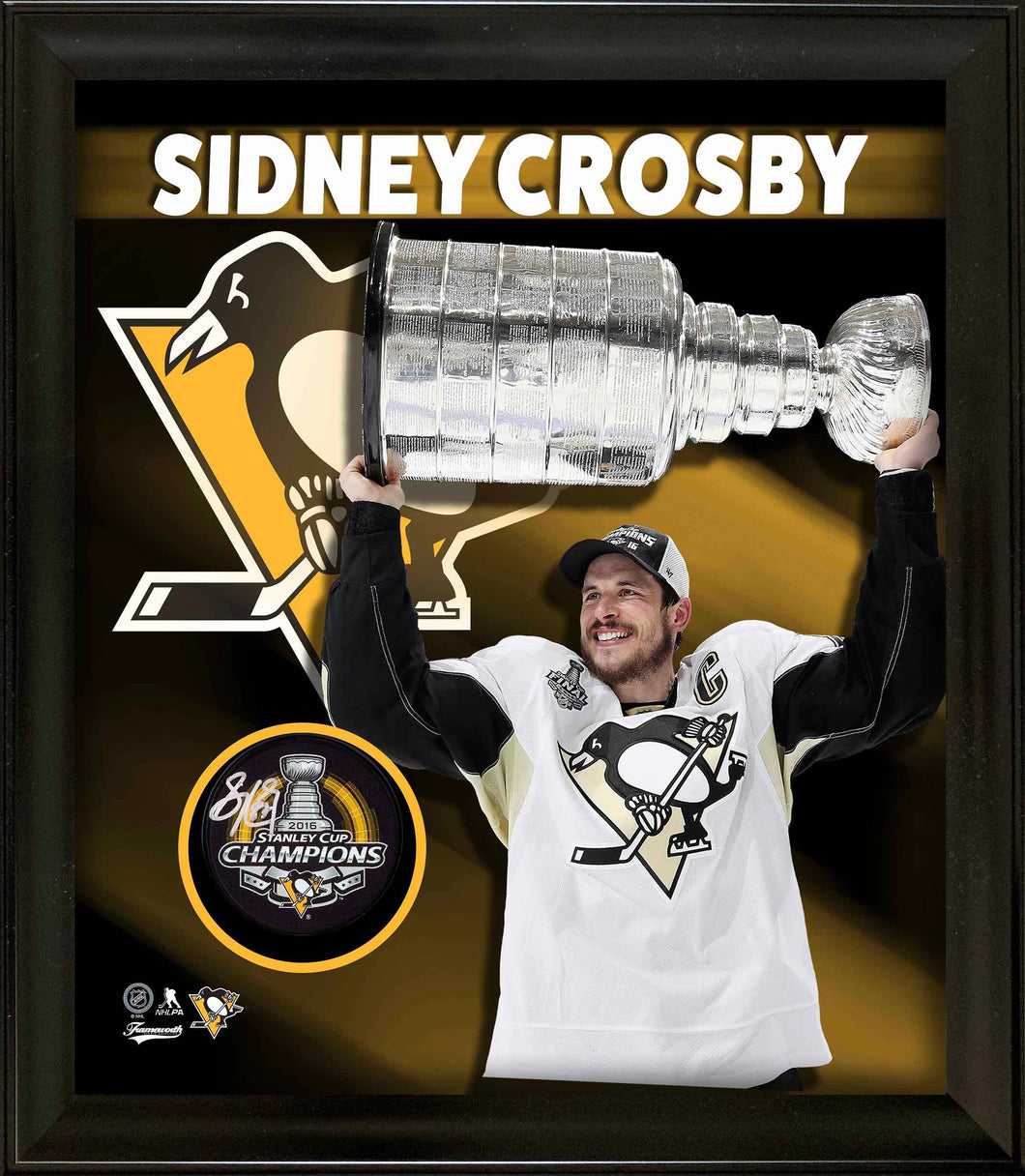 Sidney Crosby Pittsburgh Penguins Signed PhotoGlass Framed 2016 Stanley Cup Puck