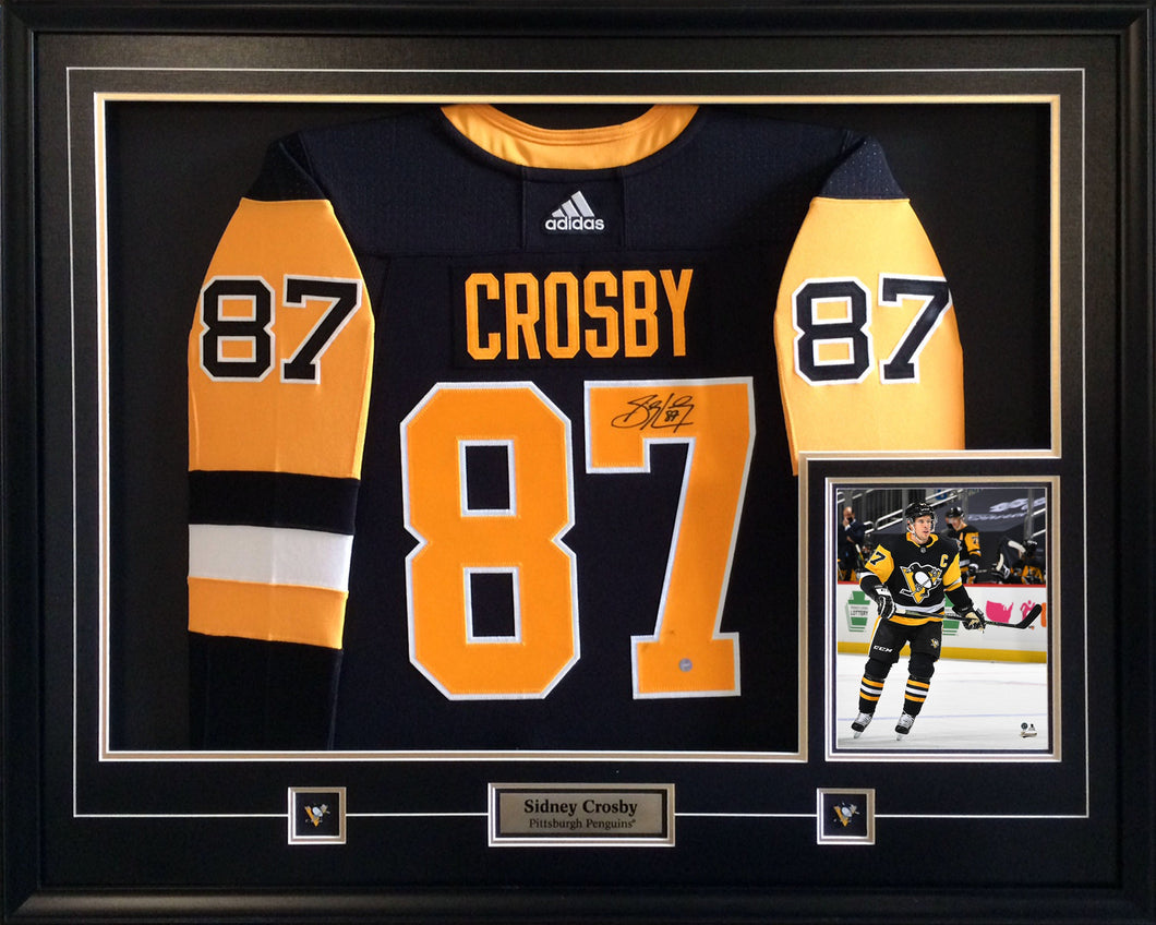 Sidney Crosby Signed Framed Pittsburgh Penguins Black Adidas Authentic Jersey with 8x10 Photo
