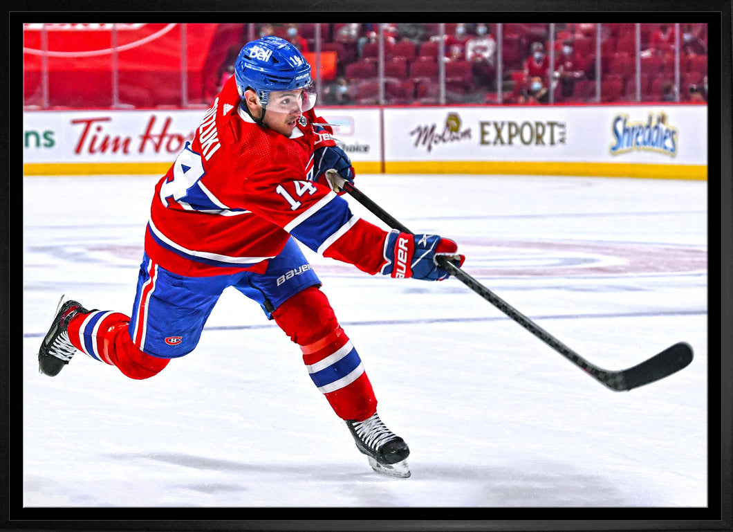 Nick Suzuki Montreal Canadiens Framed 20x29 Shooting Follow Through Canvas