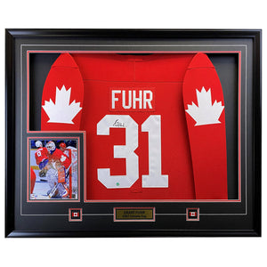 Grant Fuhr Signed Framed Canada Cup 87 Replica Red Jersey