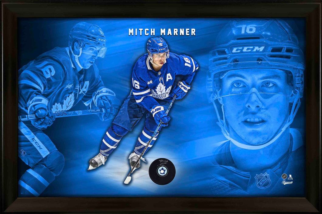 Mitch Marner Signed Photo Glass Framed Toronto Maple Leafs Puck