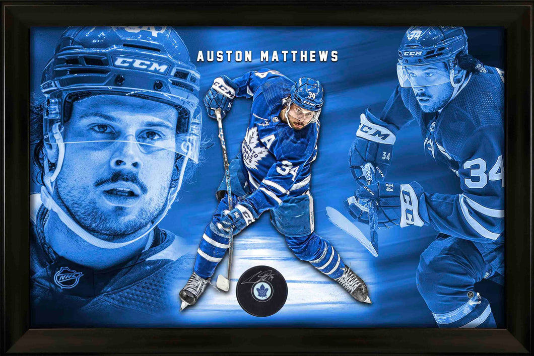 Auston Matthews Signed Photo Glass Framed Toronto Maple Leafs Puck