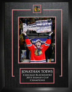 Jonathan Toews Chicago Blackhawks Signed Framed 8x10 Raising the 2015 Stanley Cup Photo