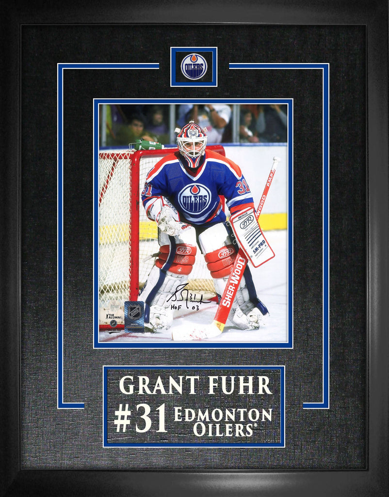 Grant Fuhr Signed 8x10 Etched Mat Oilers Blue Action-V Insc" HOF 23"