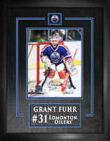 Grant Fuhr Signed 8x10 Etched Mat Oilers Blue Action-V Insc" HOF 23"
