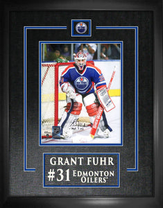 Grant Fuhr Signed 8x10 Etched Mat Oilers Blue Action-V Insc" HOF 23"