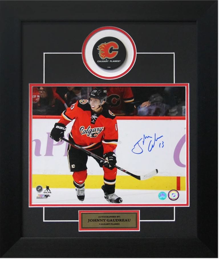 Johnny Gaudreau - Calgary Flames Autographed photo framed with puck slice