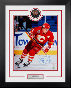 Theoren Fleury - Signed Calgary Flames photo w/ puck display - 26 x 32