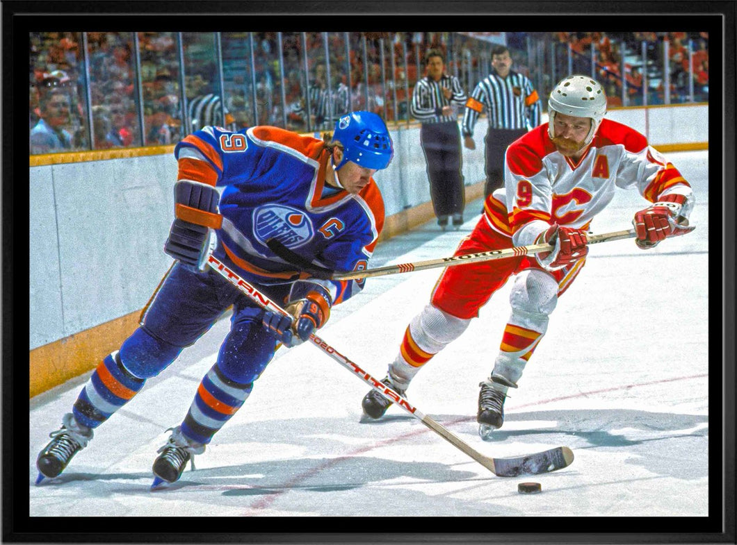 Lanny Mcdonald vs. Wayne Gretzky - Framed Canvas Flames vs Oilers